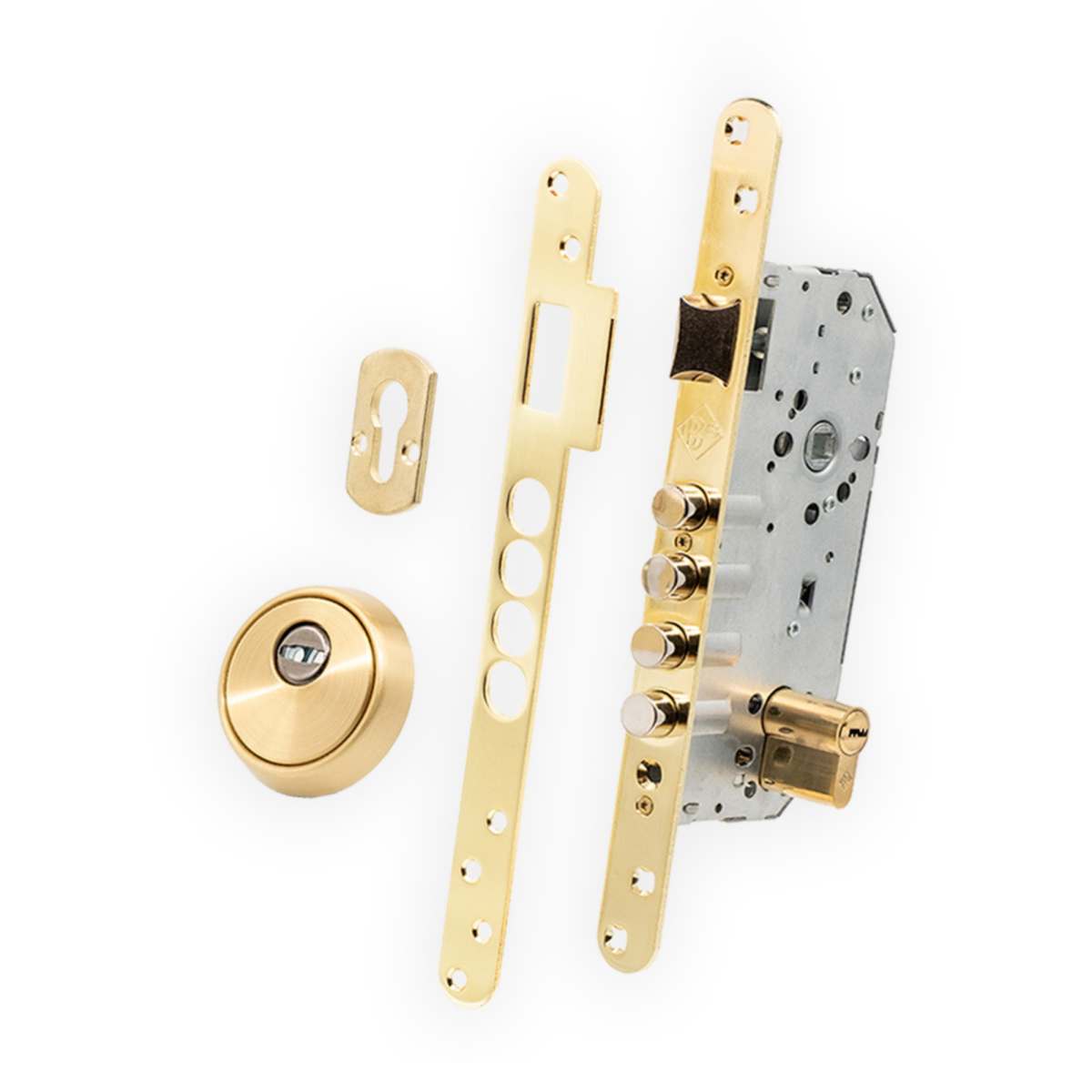 Cerradura de embutir monopunto Modelo 300 con 4 bulones de acero y acabado latonado para puertas de madera.