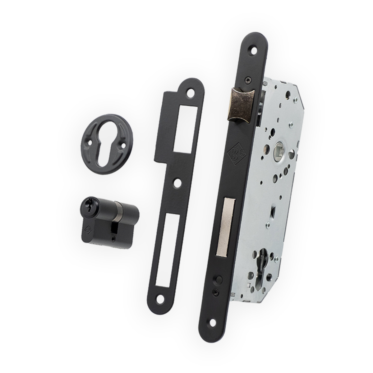 Cerradura de embutir Modelo 000 para puertas de madera con 85mm entre ejes y entrada de 50mm acabado negro.