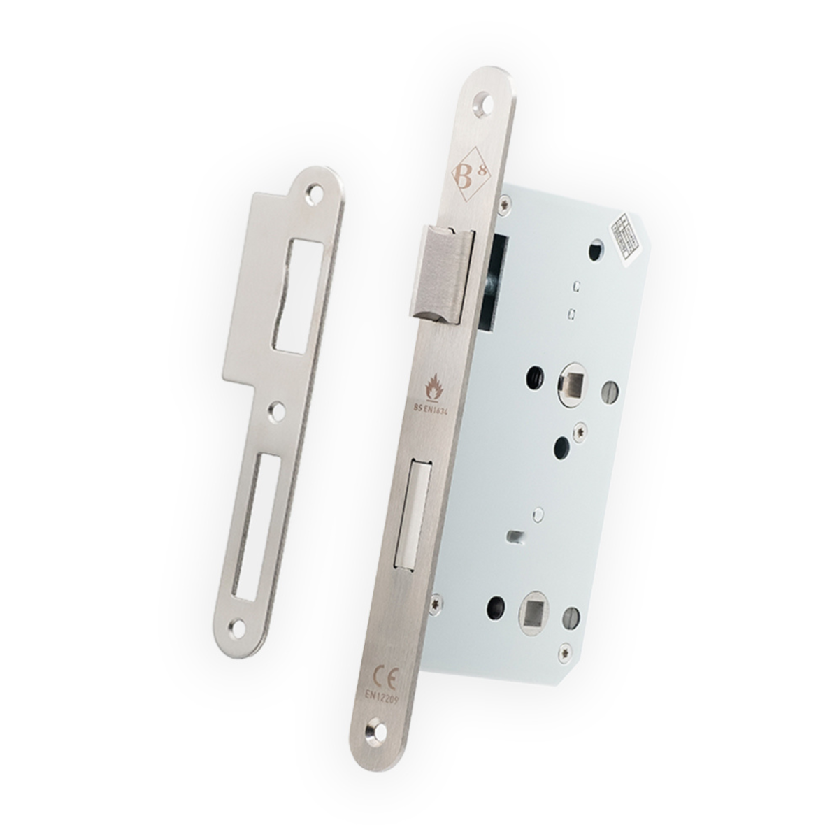 Cerradura de condena para baños y zonas comunes Modelo 812 en acabado acero inoxidable satinado AISI 304, con marcado CE y certificación cortafuego BS EN1634 visibles en el frente