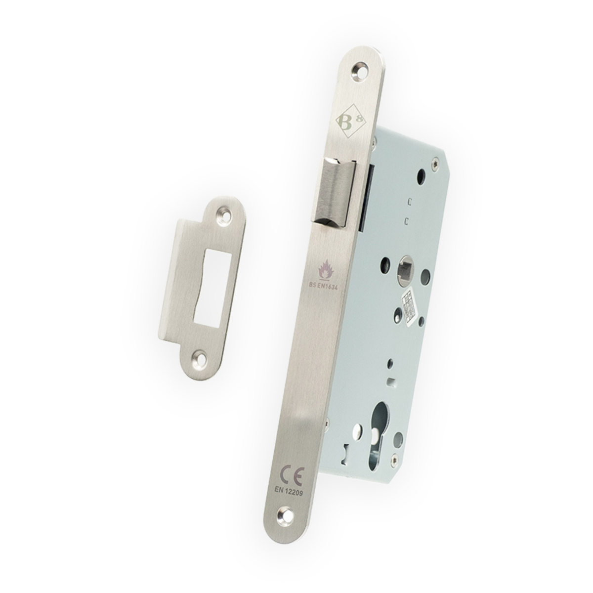 Cerradura de embutir para puerta de paso tipo DIN Modelo 811 en acabado acero inoxidable, fabricada en acero inoxidable AISI 304 con certificación cortafuego y alojamiento para cilindro europeo