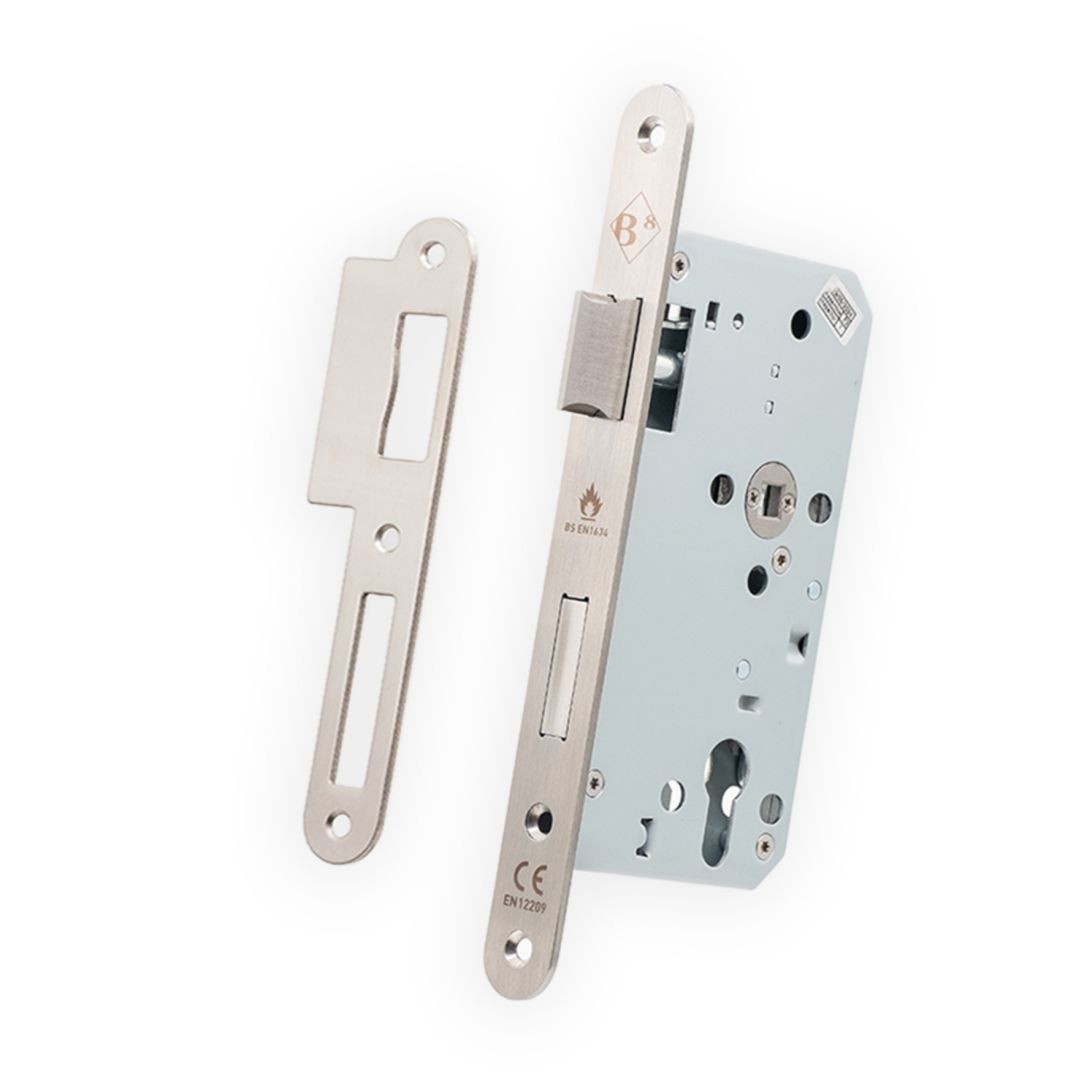 Cerradura de embutir Mod. 813 Brassocho de acero inoxidable, estándar DIN con función antipánico y certificación para puertas cortafuego