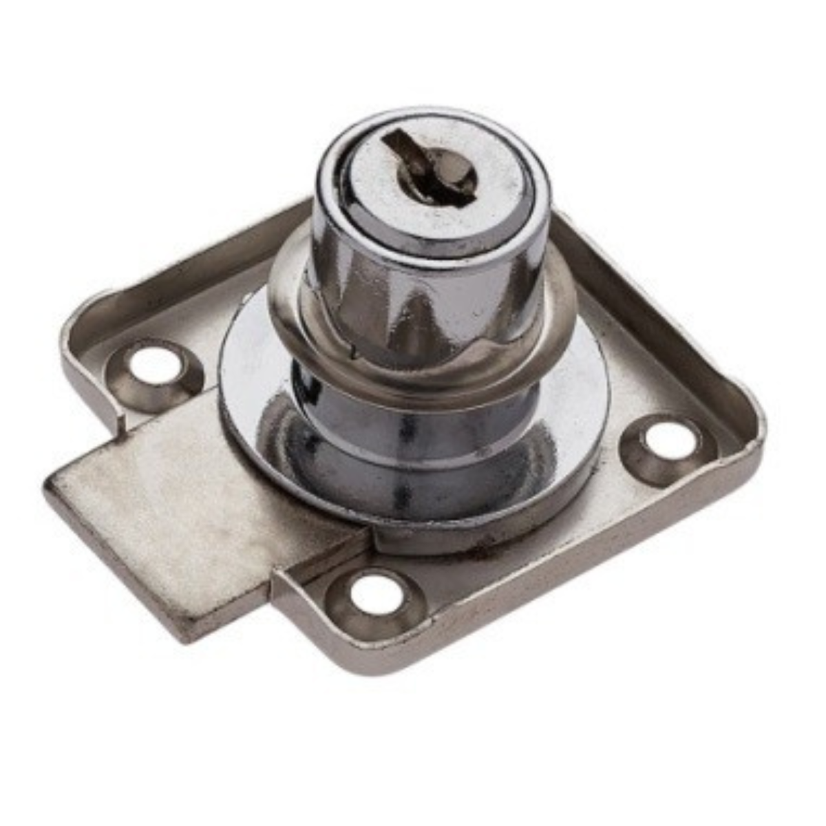 Cerradura de sobreponer para mobiliario Modelo 8270 en acabado cromado brillante, con cilindro de zamak, escudo embellecedor y juego de llaves