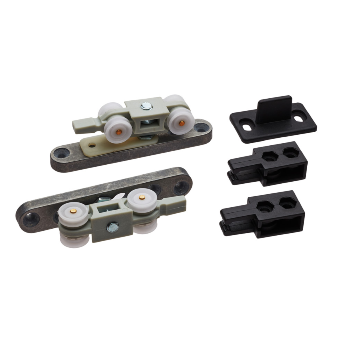 Kit de ruedas de embutir Modelo 4500 para puerta corredera de madera: incluye carros con ruedas de nylon, soportes de aluminio, frenos de poliamida y guiador de suelo.