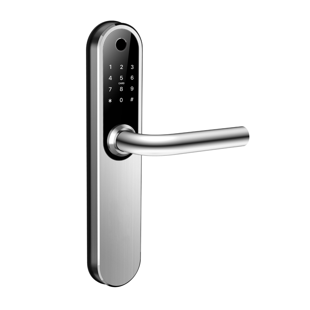 Cerradura electrónica inteligente EH61 para puertas de madera y aluminio, con acceso mediante huella dactilar, código, tarjeta RFID, smartphone, llave mecánica y control remoto vía WiFi, disponible en acabado acero inoxidable.