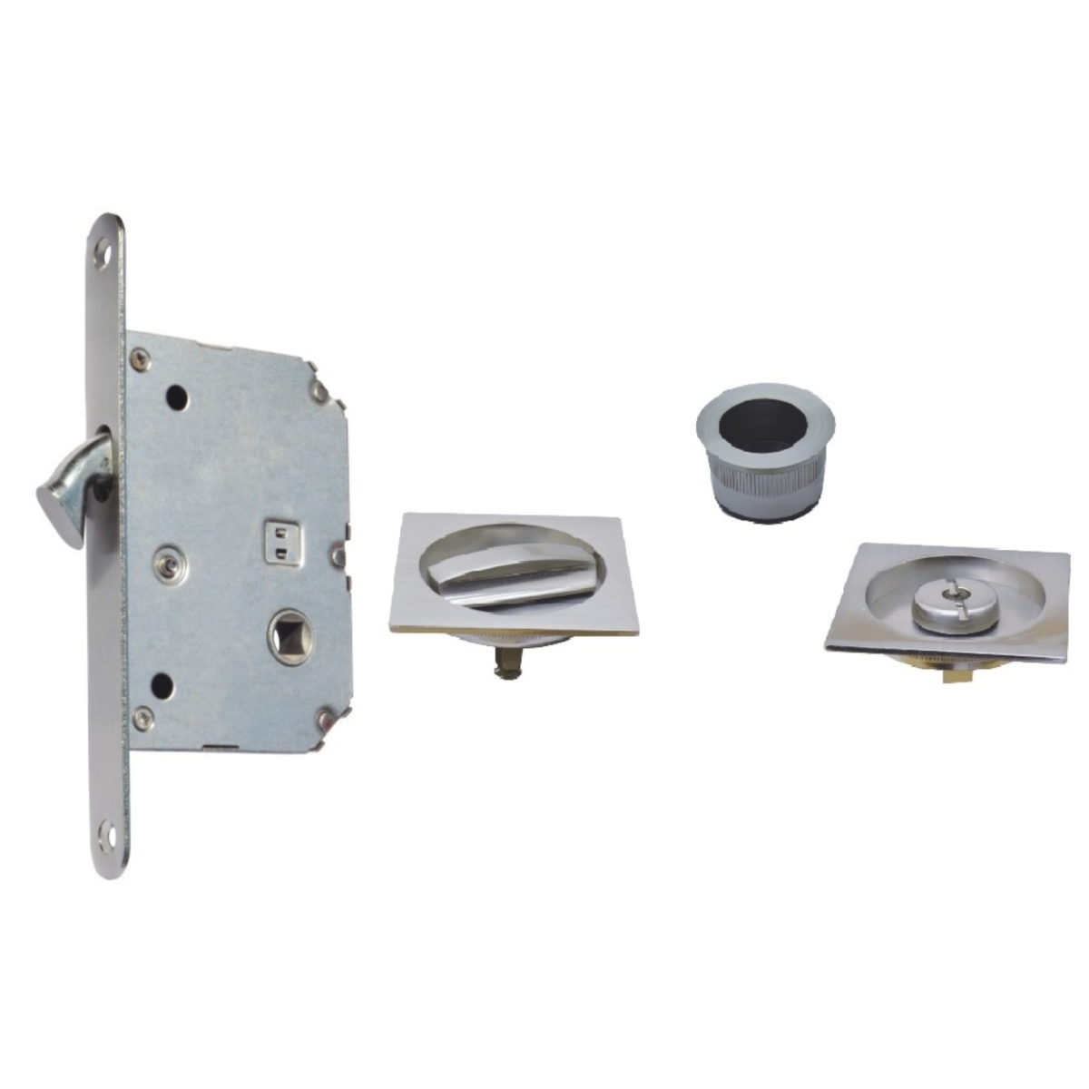 Kit completo Mod. 3141 para puerta corredera con cerradura de gancho, uñero de canto y tiradores de embutir cuadrados, acabado níquel