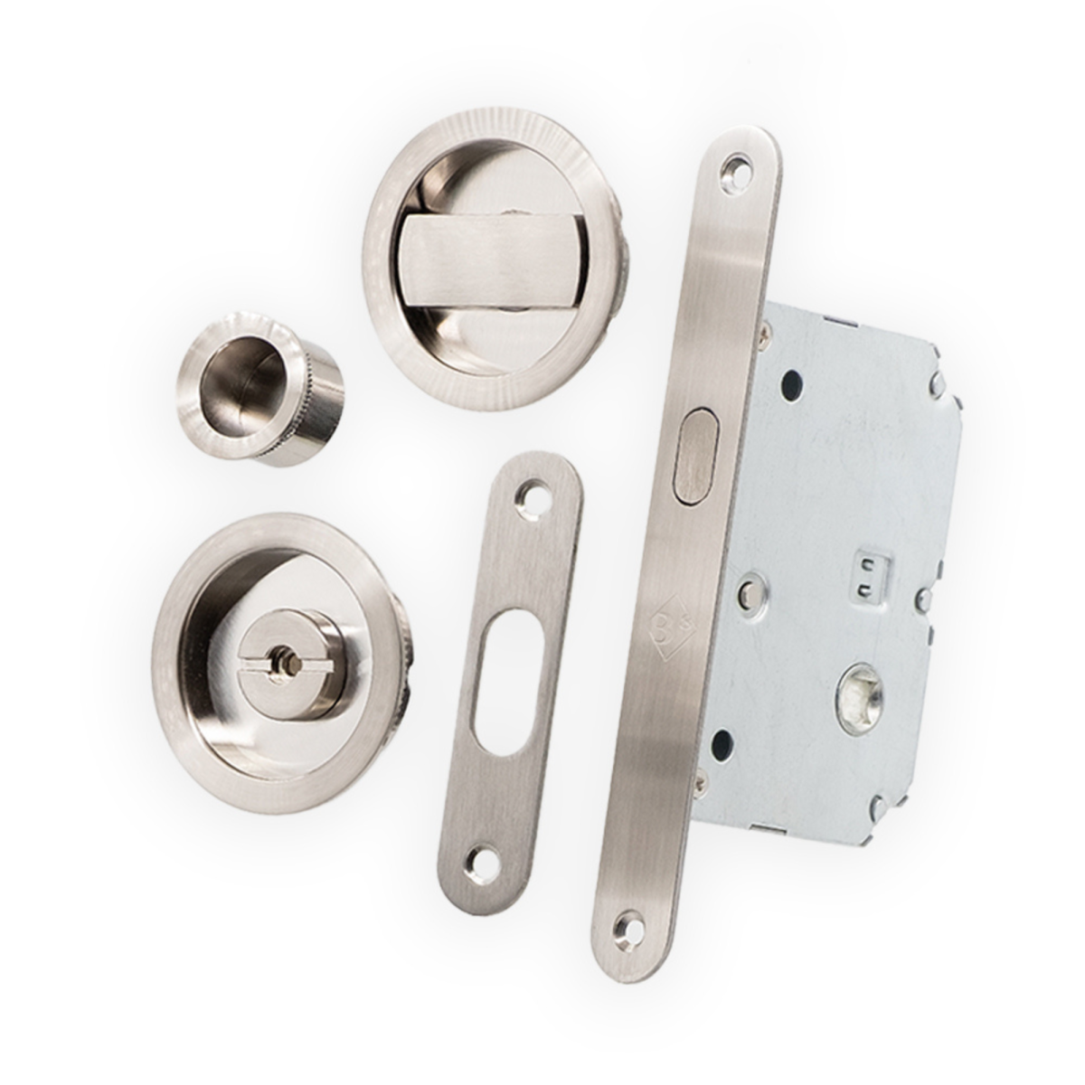 Kit de cierre circular Mod. 3140 para puerta corredera en acabado níquel, compuesto por cerradura de gancho, mandos de condena redondos y uñero de canto en zamak