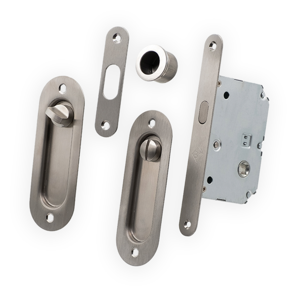 Kit completo Mod. 3144 para puertas correderas en acabado acero inoxidable, compuesto por cerradura de gancho, pareja de tiradores ovalados de embutir y uñero de canto de diseño elegante