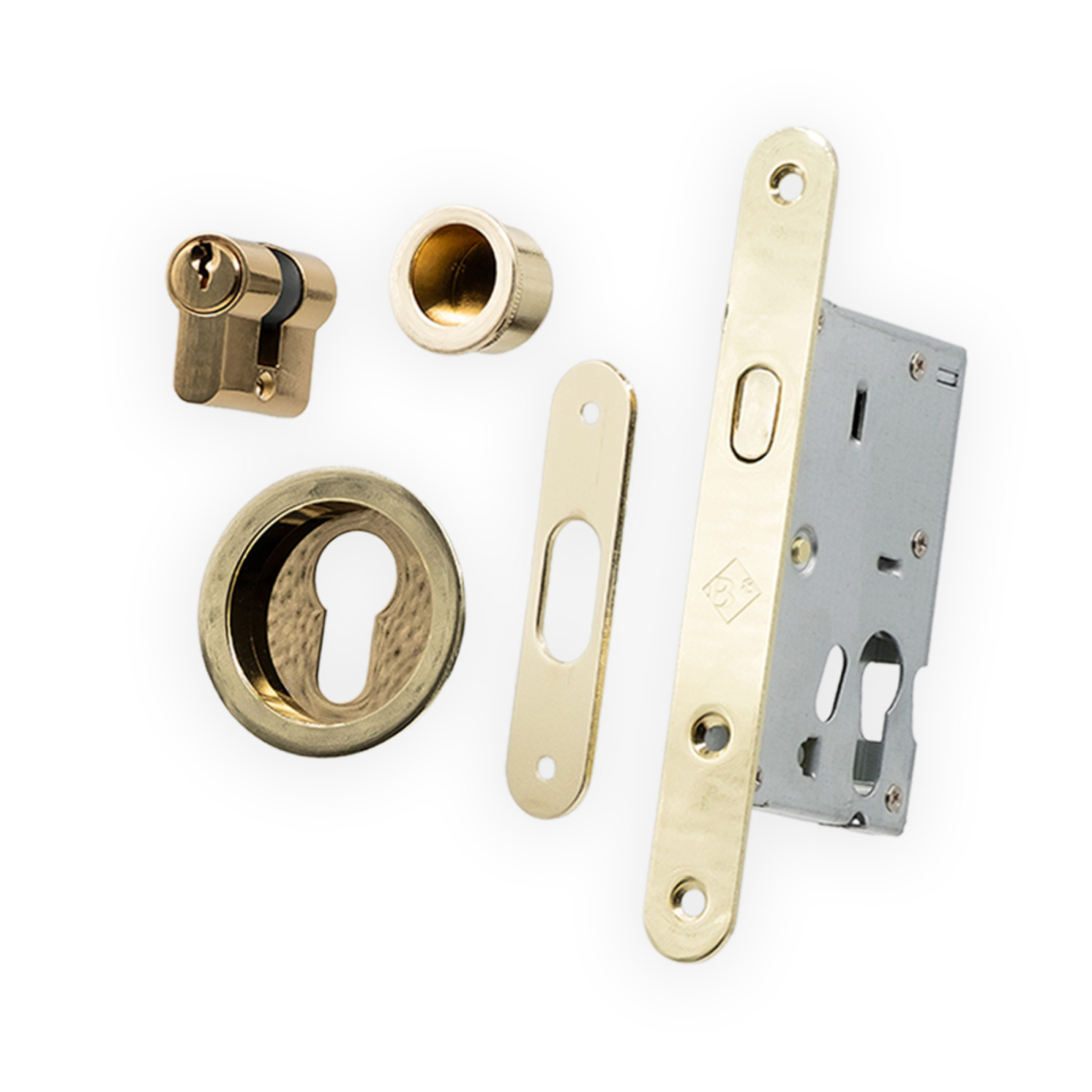 Kit de seguridad integral Mod. 3150 en acabado pulido brillo, con cerradura de gancho, cilindro de latón y tiradores para puertas correderas