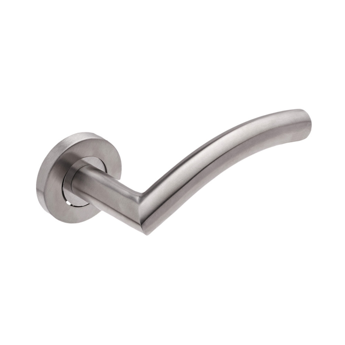 Manivela para puerta Modelo 8871 fabricada en acero inoxidable AISI 304, con mango curvo de 130 mm y roseta redonda de 52 mm, diseñada para espacios modernos y de alto tránsito.