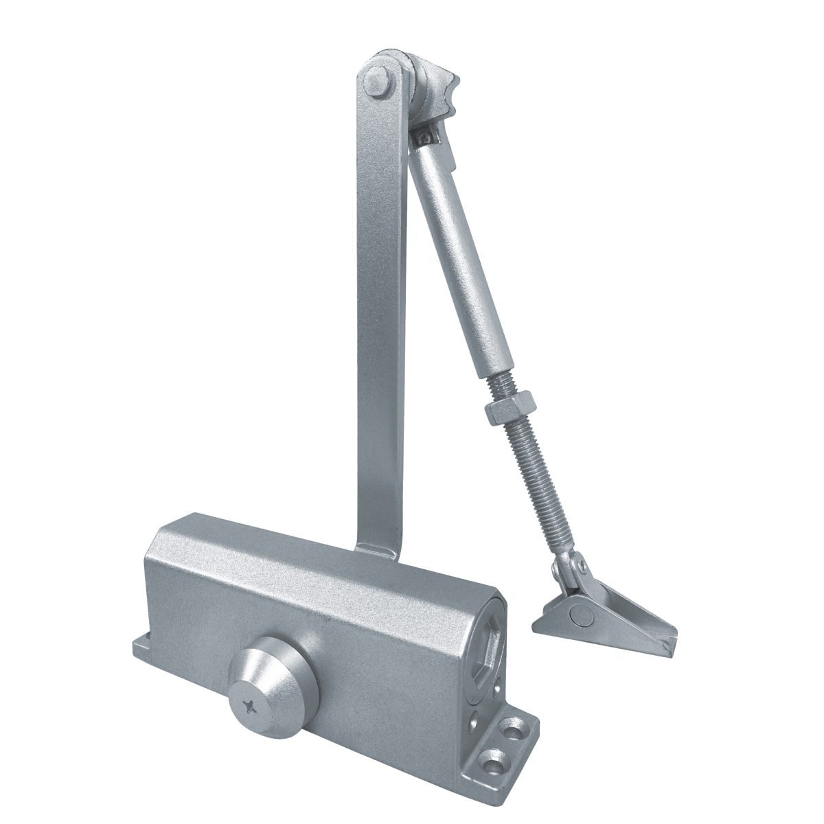 Cierrapuertas de brazo Modelo 8203 de aluminio con brazo articulado ajustable, acabado plata, para puertas de hasta 60Kg