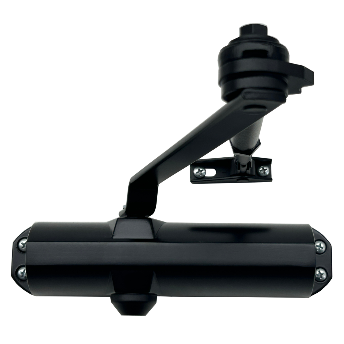 Cierrapuertas Modelo CPB8324, disponible en versiones con y sin retenedor, fuerza 2-4 ajustable, certificado para puertas cortafuego de hasta 80 kg en acabado negro