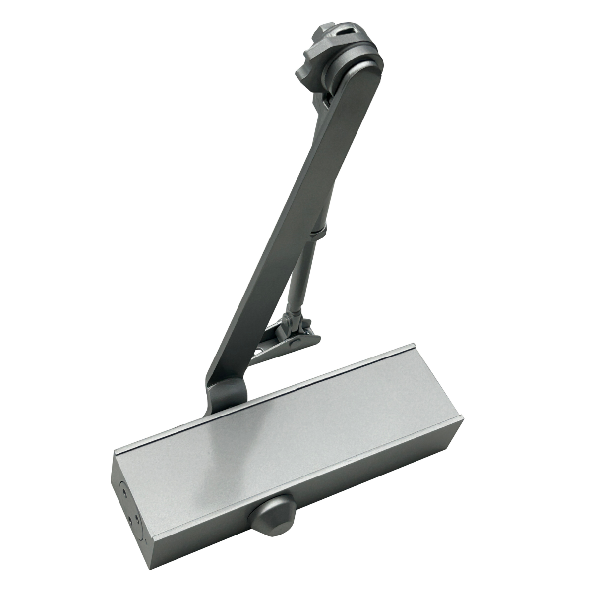 Cierrapuertas de brazo articulado Modelo 8424 en acabado plata, diseñado para alto tráfico y seguridad contra incendios, con cuerpo de aluminio reforzado y sistema de piñón-cremallera de alta precisión