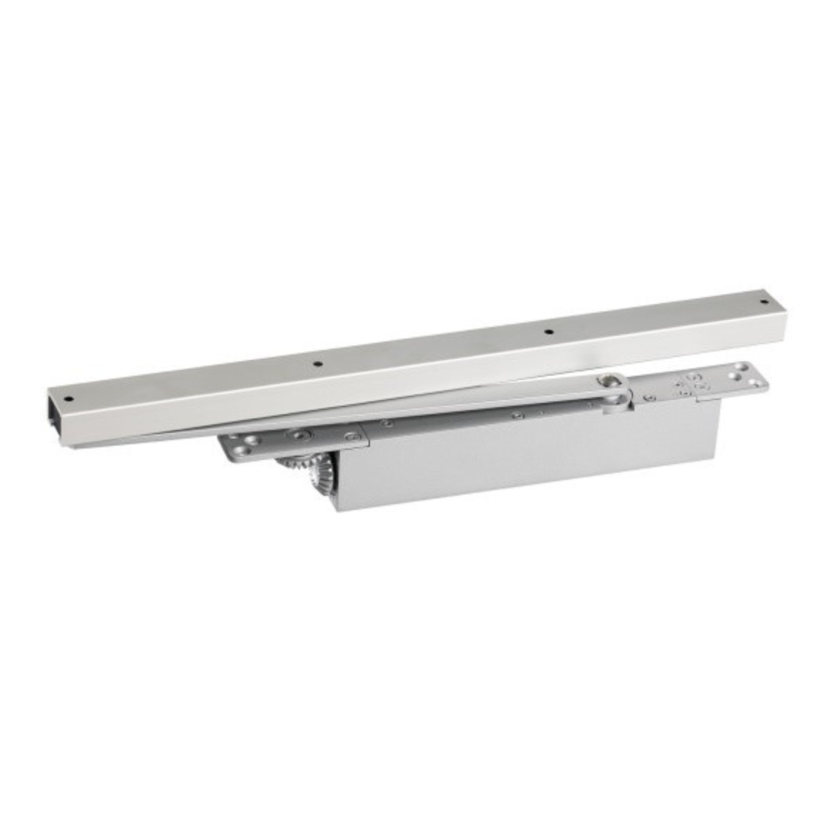 Cierrapuertas oculto de alta gama CPO8924 en acabado plata. Mecanismo de leva Cam Action para puertas de 130 kg con diseño minimalista e integración invisible