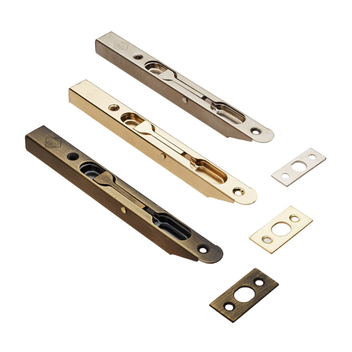 Pasador de embutir Mod. 401 en acero al carbono de 160mm. Detalle de funcionamiento de bulón y palanca de zamak para bloqueo de puertas en diferentes acabados