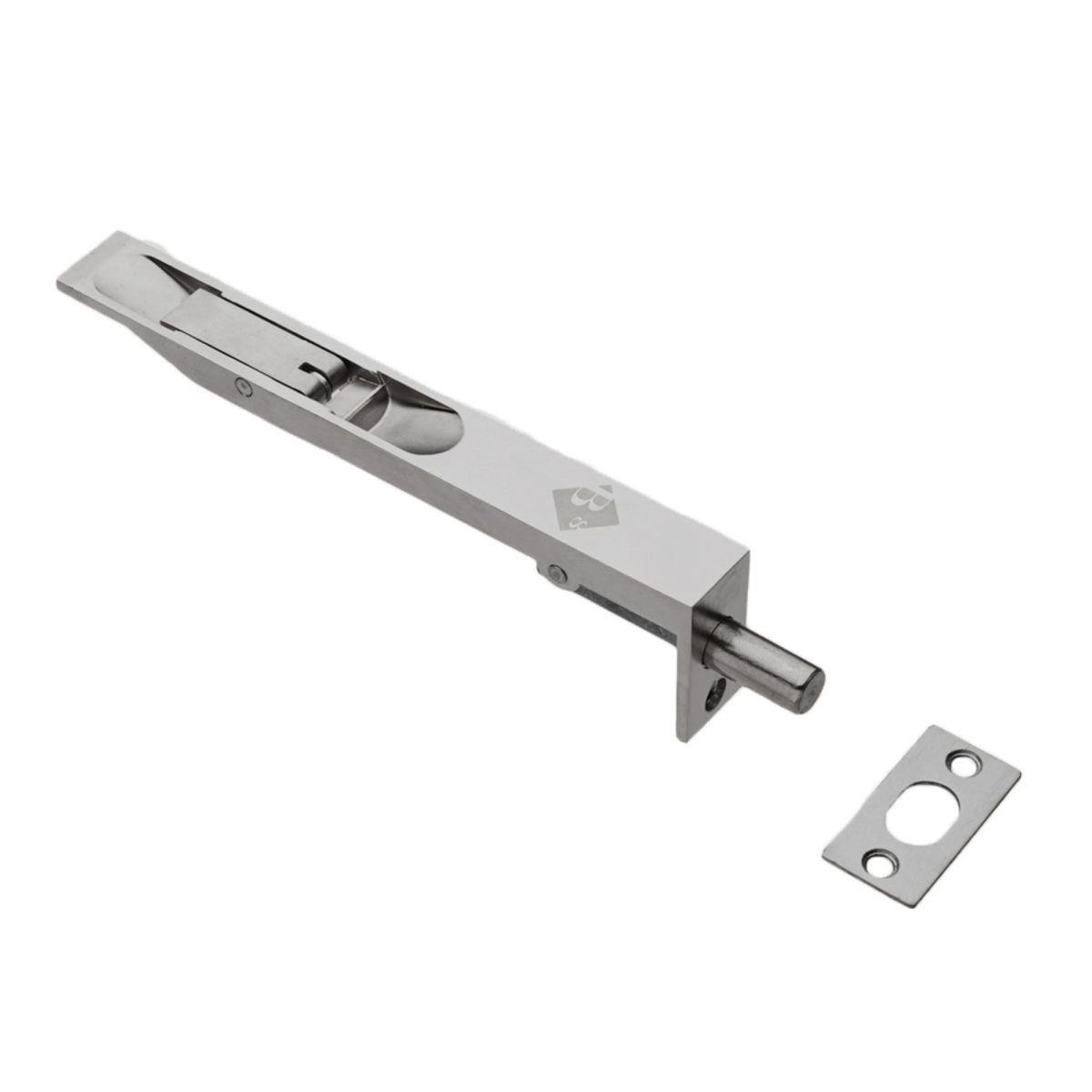 Mecanismo de pasador Mod. 6 con fleje de acero templado y palanca de zamak. Detalle de canto recto para mecanizado preciso en carpintería de madera