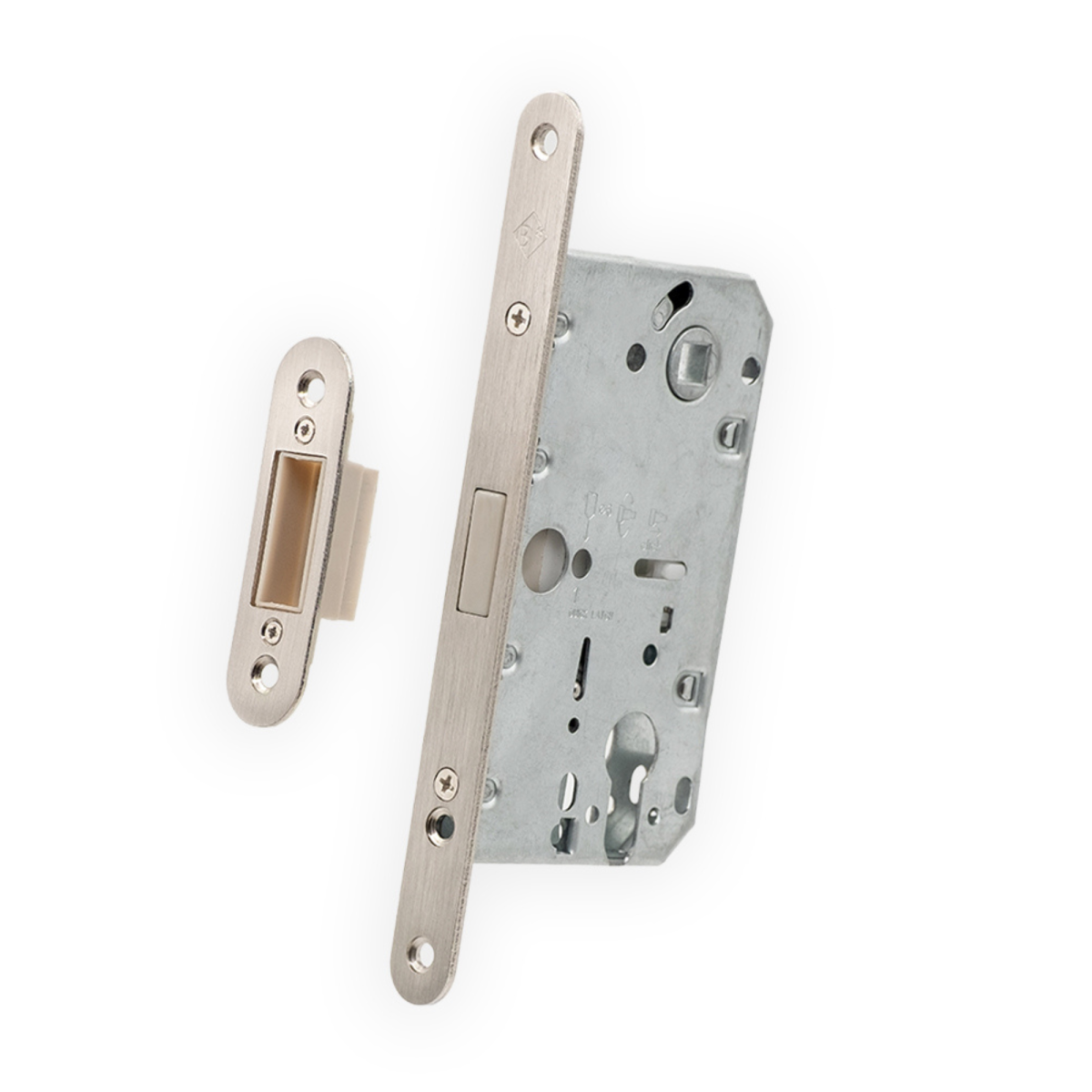 Picaporte cerradura magnético de embutir modelo 282 acabado níquel para puertas de madera con cierre silencioso.