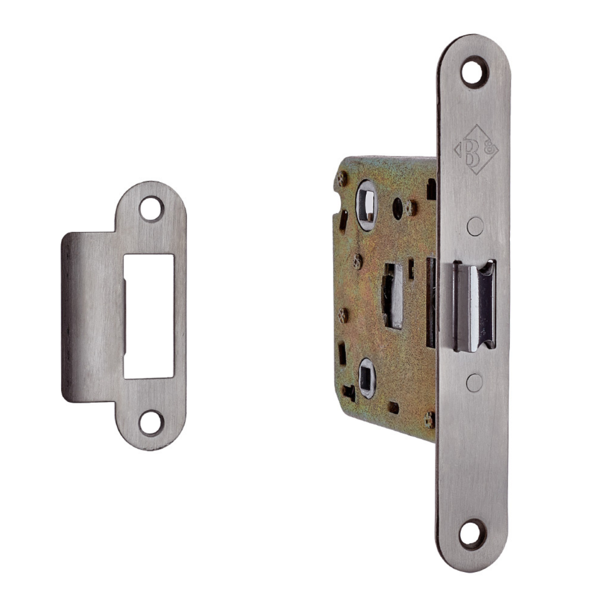 Picaporte unificado Modelo 247 de canto redondo para puertas de madera, disponible en acabado acero inoxidable.