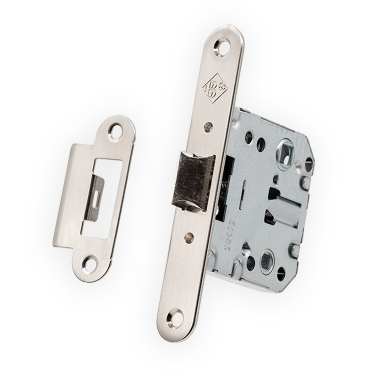 Picaporte unificado Modelo 247 de canto redondo para puertas de madera, disponible en acabado acero niquelado .