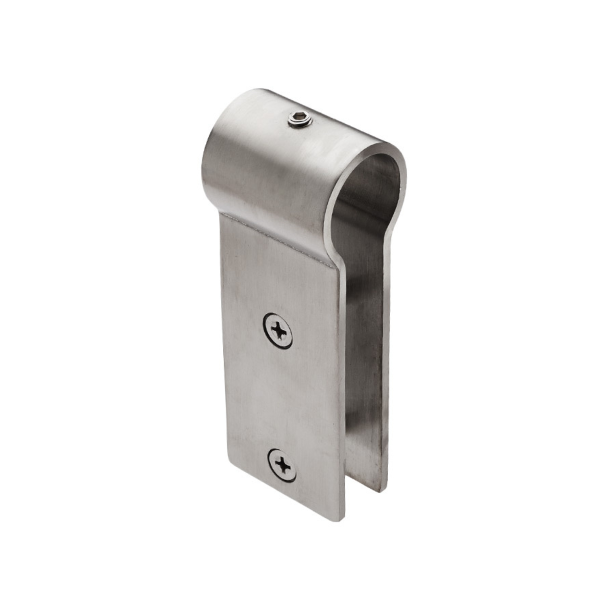 Pinza Mod. S02 de acero inoxidable AISI 304 para unión de panel fenólico de 13 mm y tubo en cabinas sanitarias