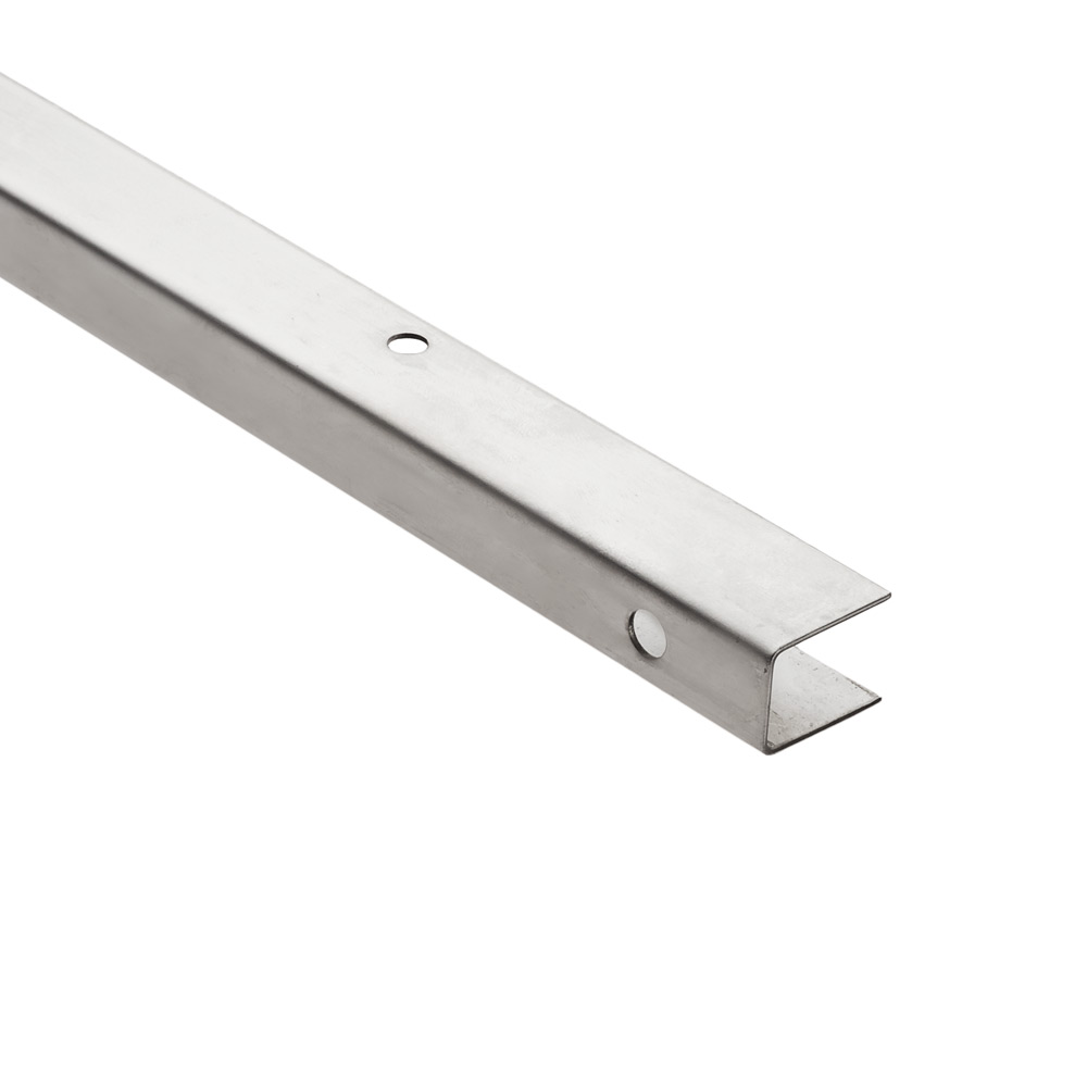 Perfil en U de acero inoxidable AISI 304 para fijación de panel fenólico de 13 mm a pared en cabinas sanitarias