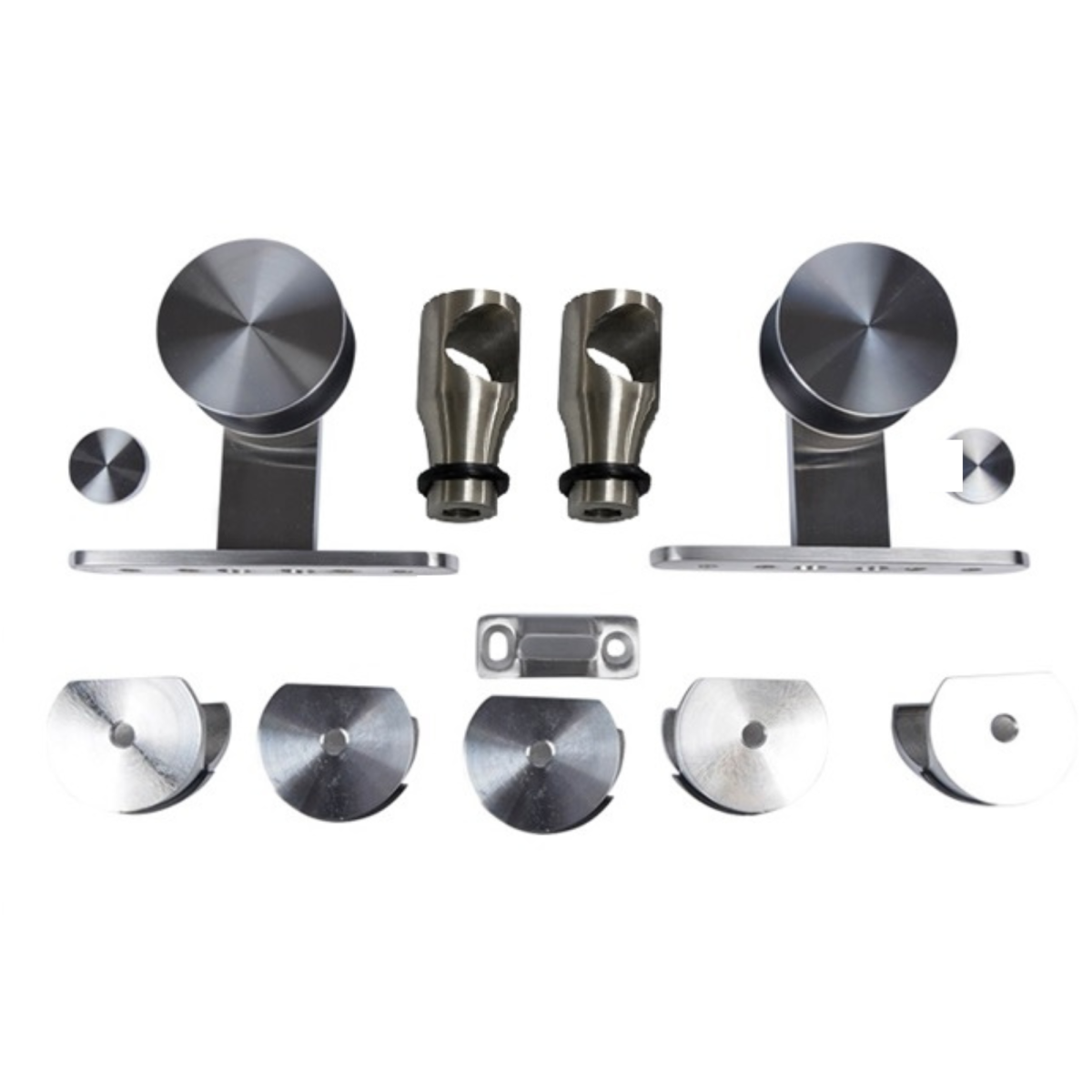 Kit completo de herrajes para puertas correderas Modelo 1000 en Acero Inoxidable AISI 304, incluye poleas de precisión, soportes y topes para madera o aluminio