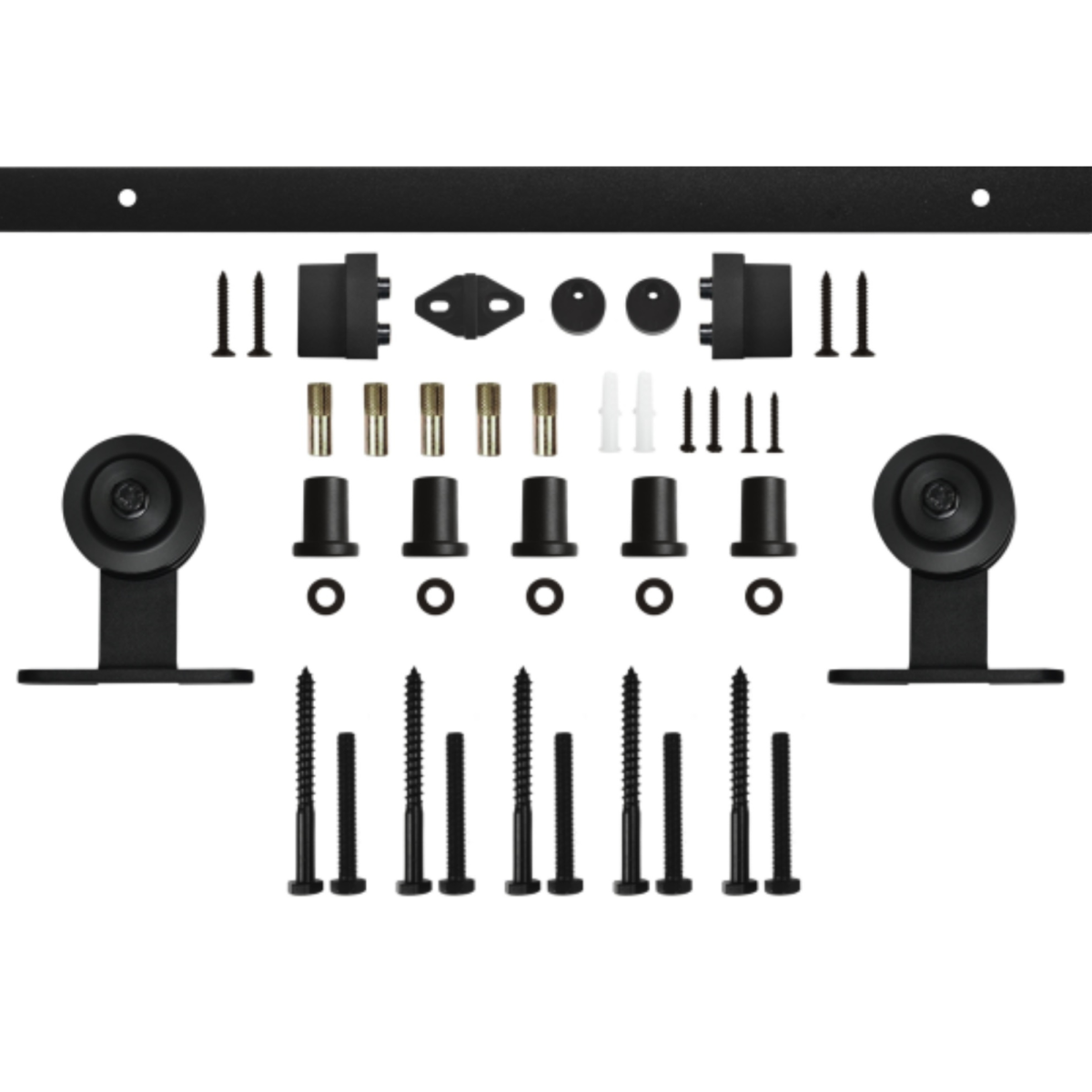 puerta corredera de madera Modelo 3100 en acero al carbono negro mate, incluyendo riel, poleas de rodadura suave, topes y tornillería de alta resistencia.