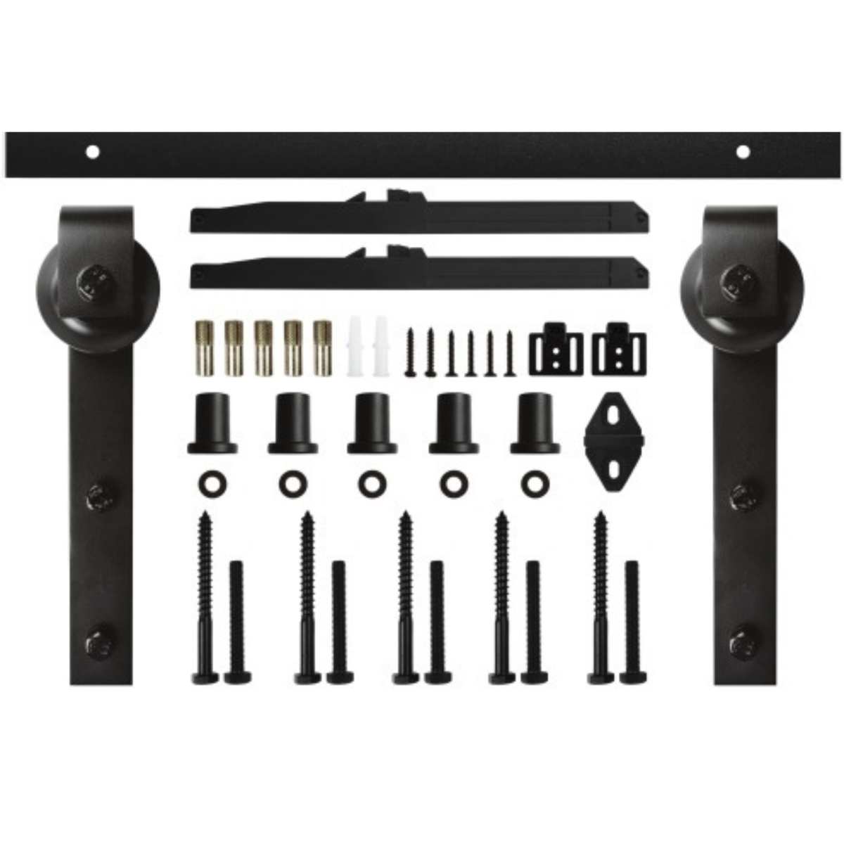 Herraje para puerta corredera tipo granero Modelo 3200 en acero negro mate con sistema soft-close amortiguado, especificaciones técnicas de 300 mm y 70 mm de polea para arquitectura de interiores.
