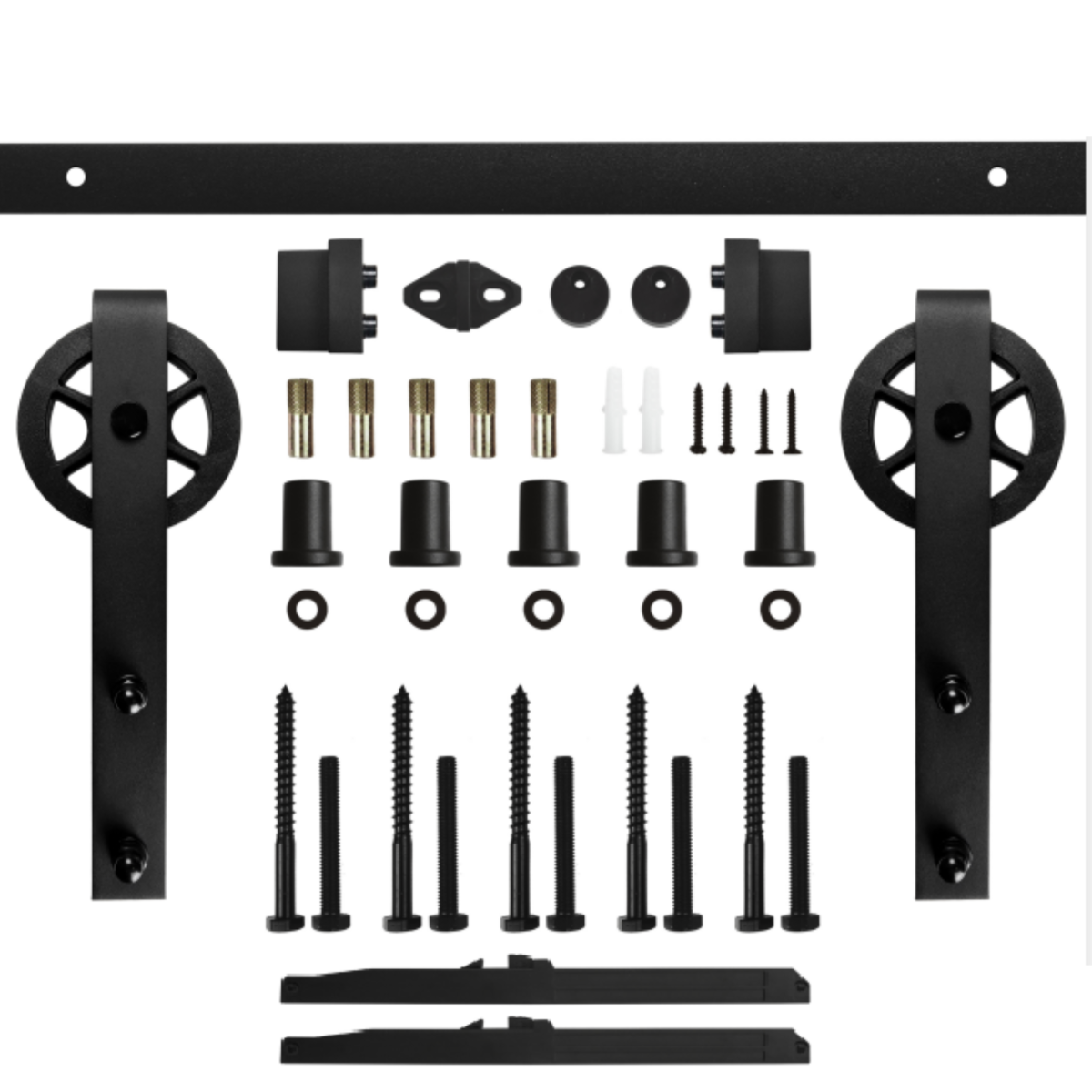 Herraje para puerta corredera tipo granero Modelo 3300 en acero negro mate con sistema de cierre suave (soft close) y poleas de diseño