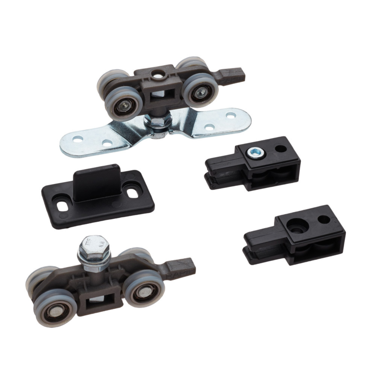 Kit de ruedas Modelo 5000 para puertas correderas de 80 kg: incluye carros de nylon, soportes de acero zincado para superficie, frenos y guiador de suelo