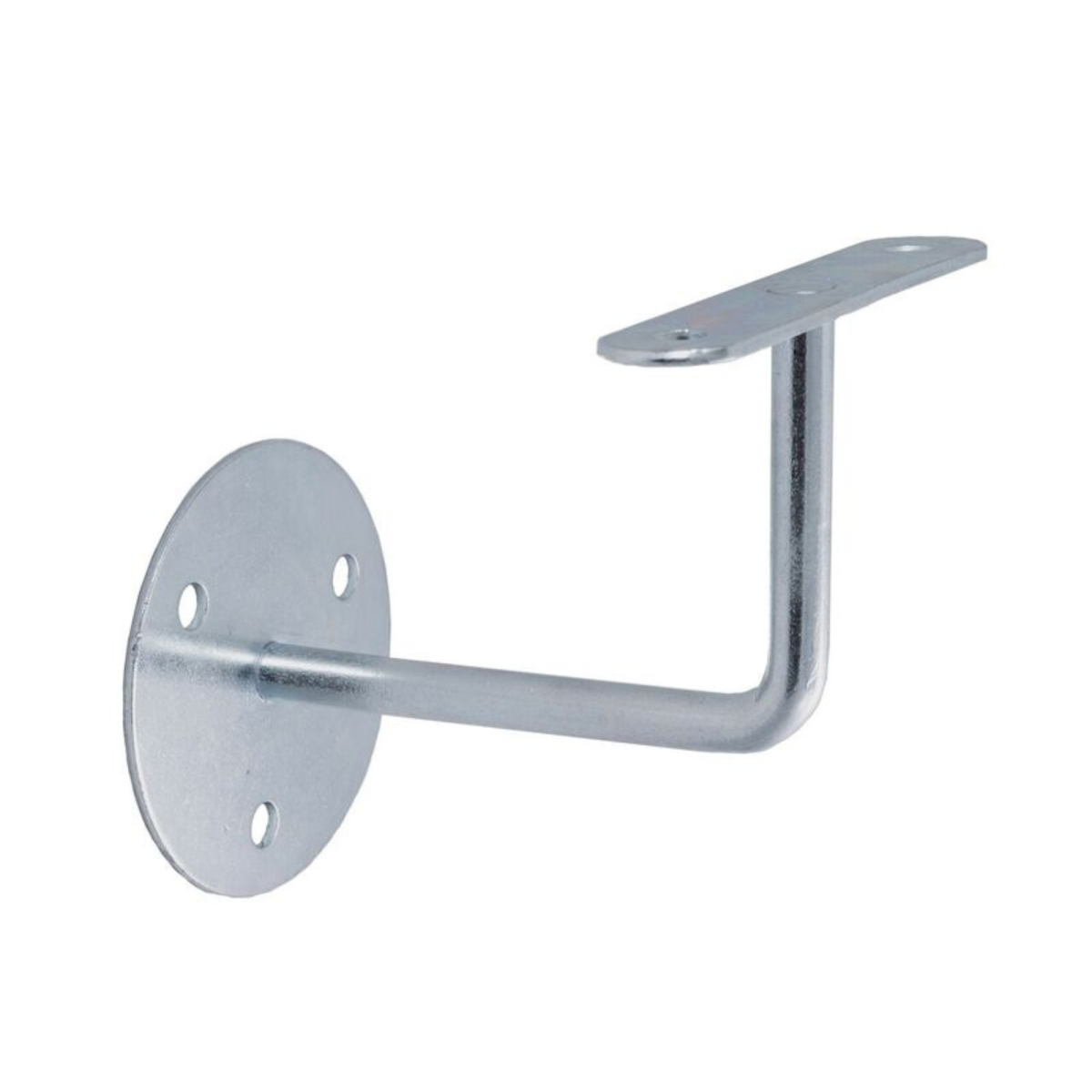 Soporte para pasamanos metálico con base circular de 70 mm y fijación mediante tirafondos.