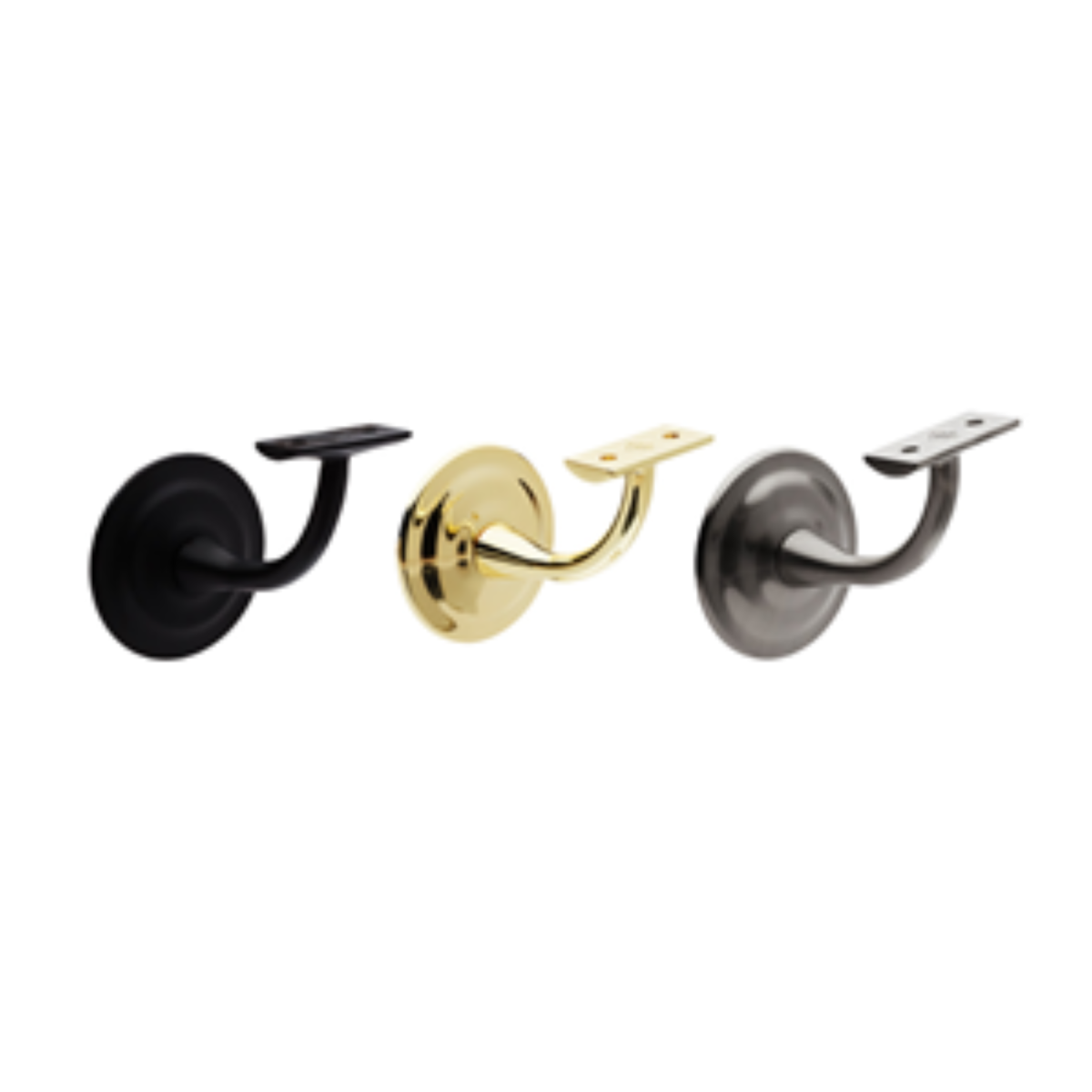 Soporte para pasamanos de pared Mod. 5050 fabricado en aluminio con acabados negro mate, latón y níquel base circular de 70 mm y pletina superior para tornillos