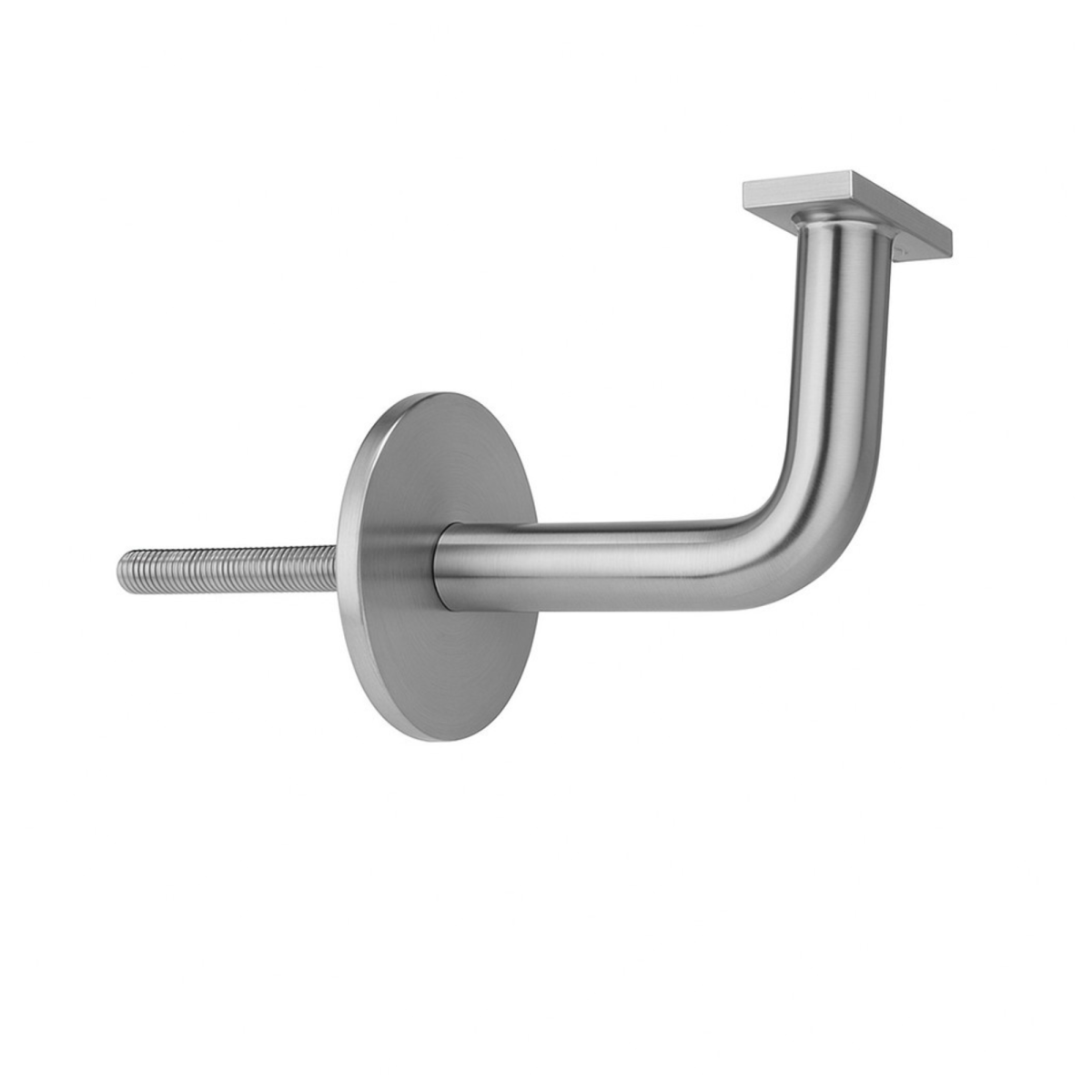 Soporte para pasamanos en acero inoxidable satinado con diseño en L y base circular de fijación a pared.