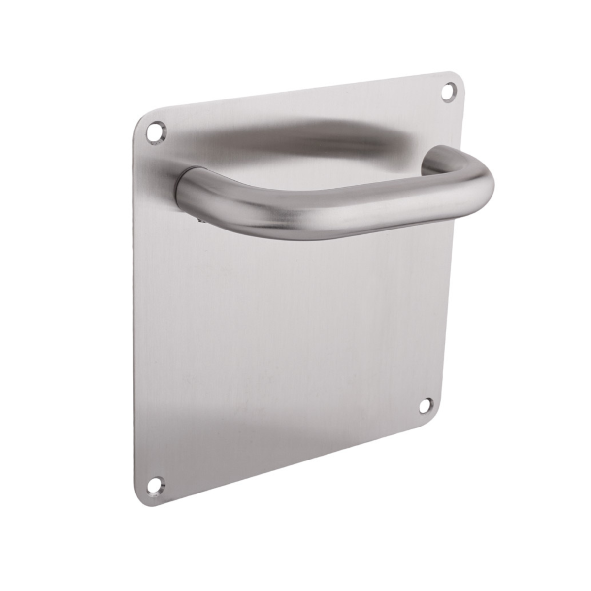 Manivela Mod. 8310 de acero inoxidable AISI 304 sobre placa cuadrada de 170x170mm con mango ergonómico en forma de U para puertas de alto tráfico y entornos sanitarios