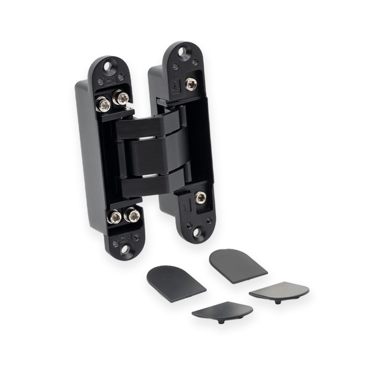 Bisagra oculta modelo H5022 de Zamak en acabado negro, mostrando el mecanismo de regulación 3D y las tapas embellecedoras para un montaje enrasado