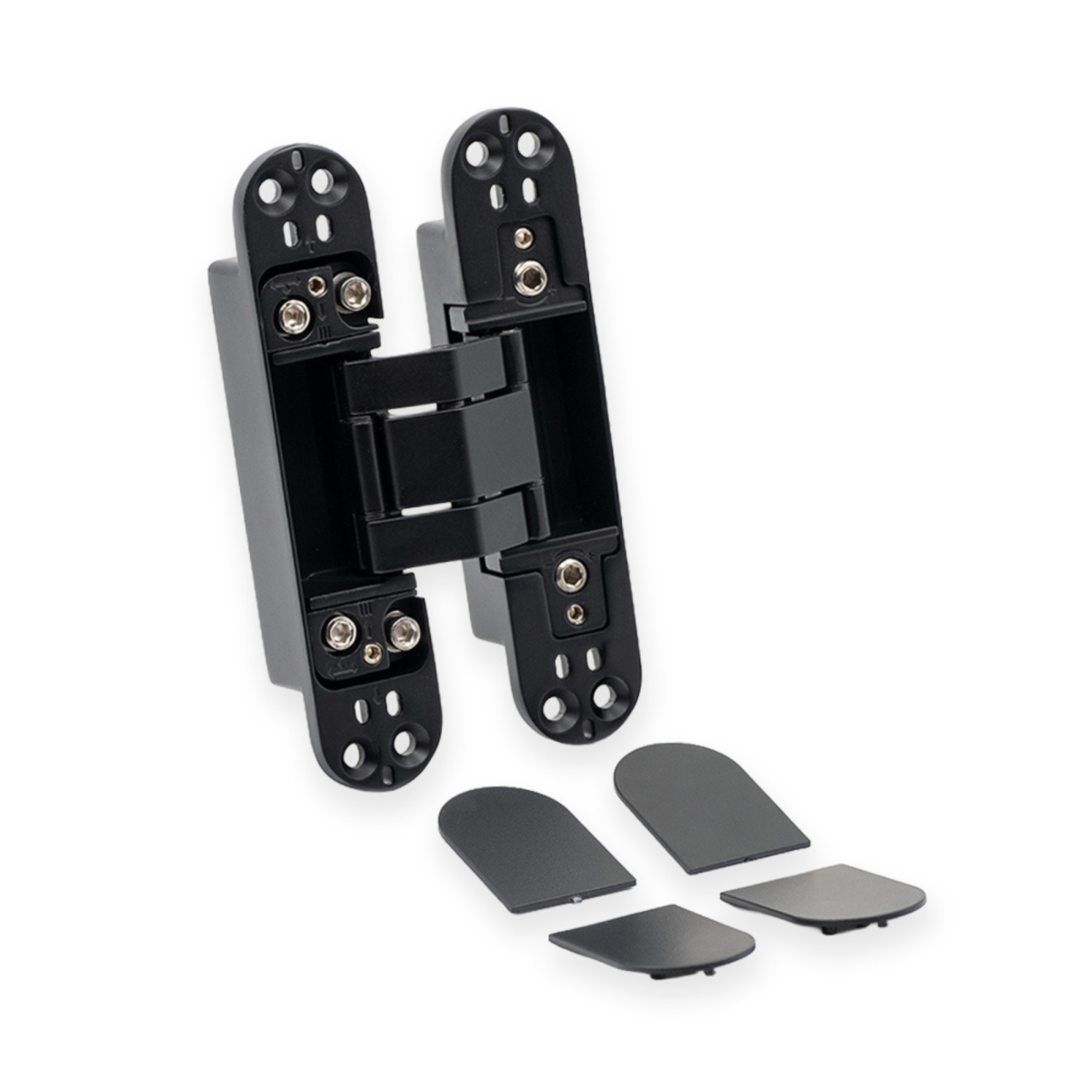 Bisagra oculta 3D de capacidad hasta 60Kg en Zamak, de 140x30/30mm, mostrando los tres puntos de regulación lateral, altura y profundidad con sus tapas embellecedoras, acabado negro
