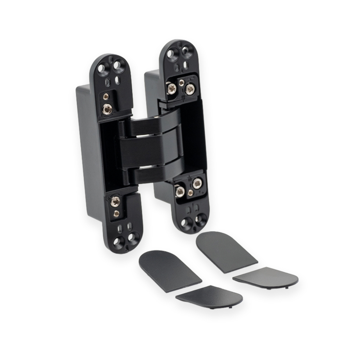 Bisagra oculta 3D de capacidad hasta 60Kg en Zamak, de 140x30 mm, mostrando los tres puntos de regulación lateral, altura y profundidad con sus tapas embellecedoras