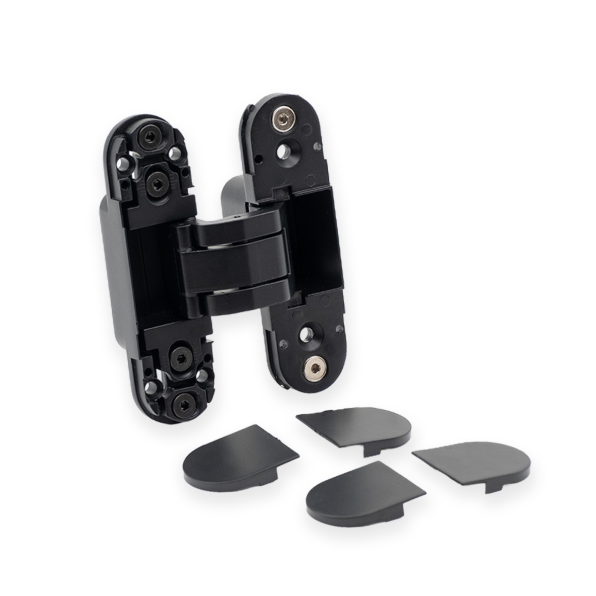 Bisagra oculta 3D de capacidad hasta 40Kg en Zamak, de 110x30mm, mostrando los tres puntos de regulación lateral, altura y profundidad con sus tapas embellecedoras, acabado negro