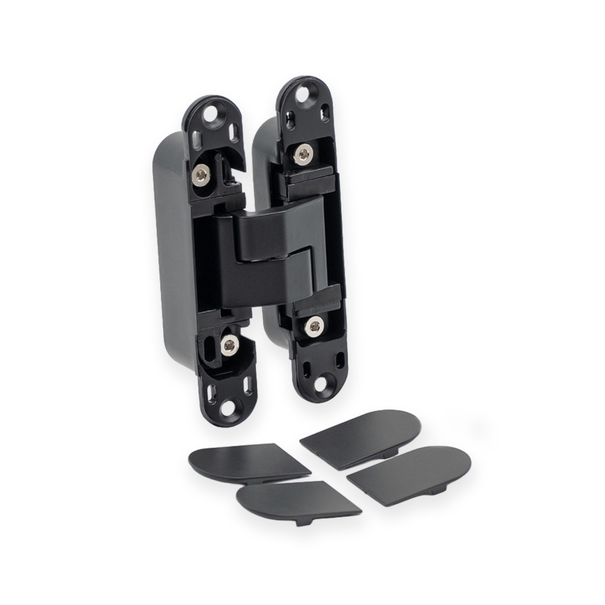 Bisagra oculta 3D de capacidad hasta 40Kg en Zamak, de 115x23mm, mostrando los tres puntos de regulación lateral, altura y profundidad con sus tapas embellecedoras, acabado negro