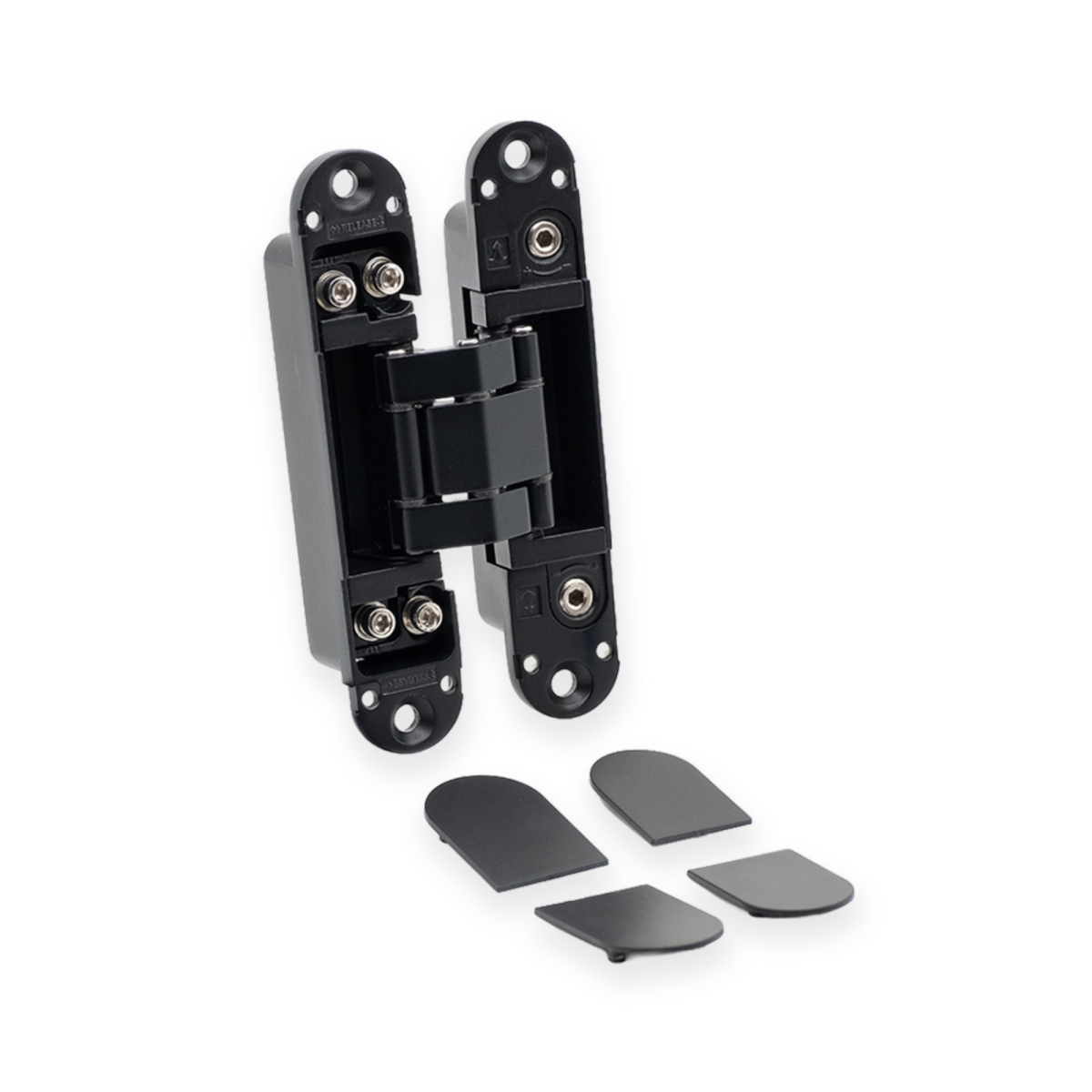 Bisagra oculta 3D de capacidad hasta 50Kg en Zamak, de 120x23/25mm, mostrando los tres puntos de regulación lateral, altura y profundidad con sus tapas embellecedoras, acabado negro
