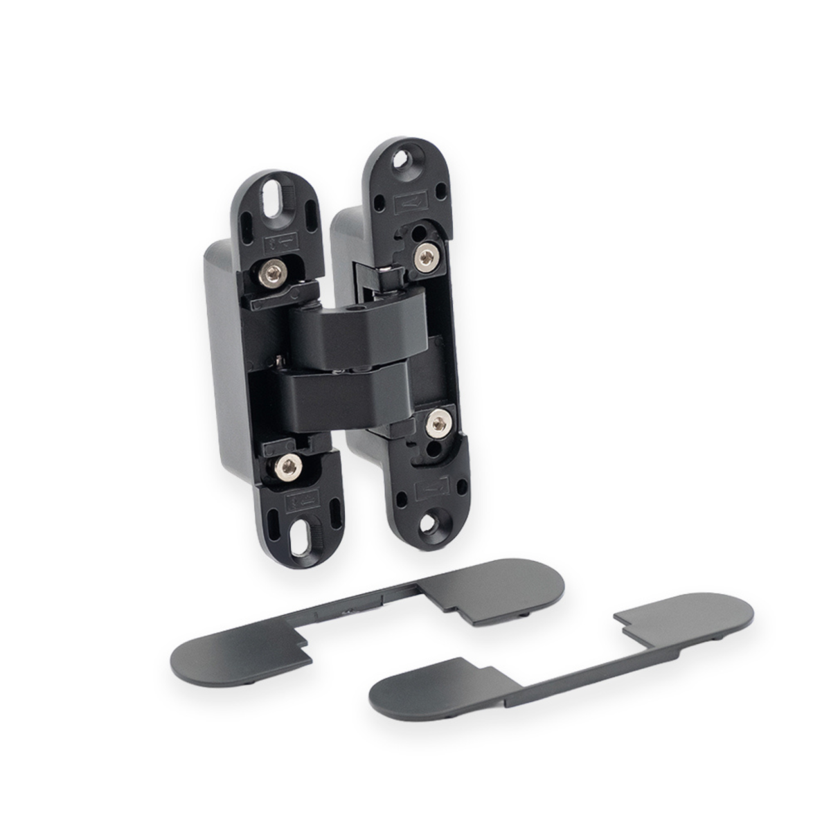 Bisagra oculta 3D de capacidad hasta 40Kg en Zamak, de 110x24mm, mostrando los tres puntos de regulación lateral, altura y profundidad con sus tapas embellecedoras, acabado negro
