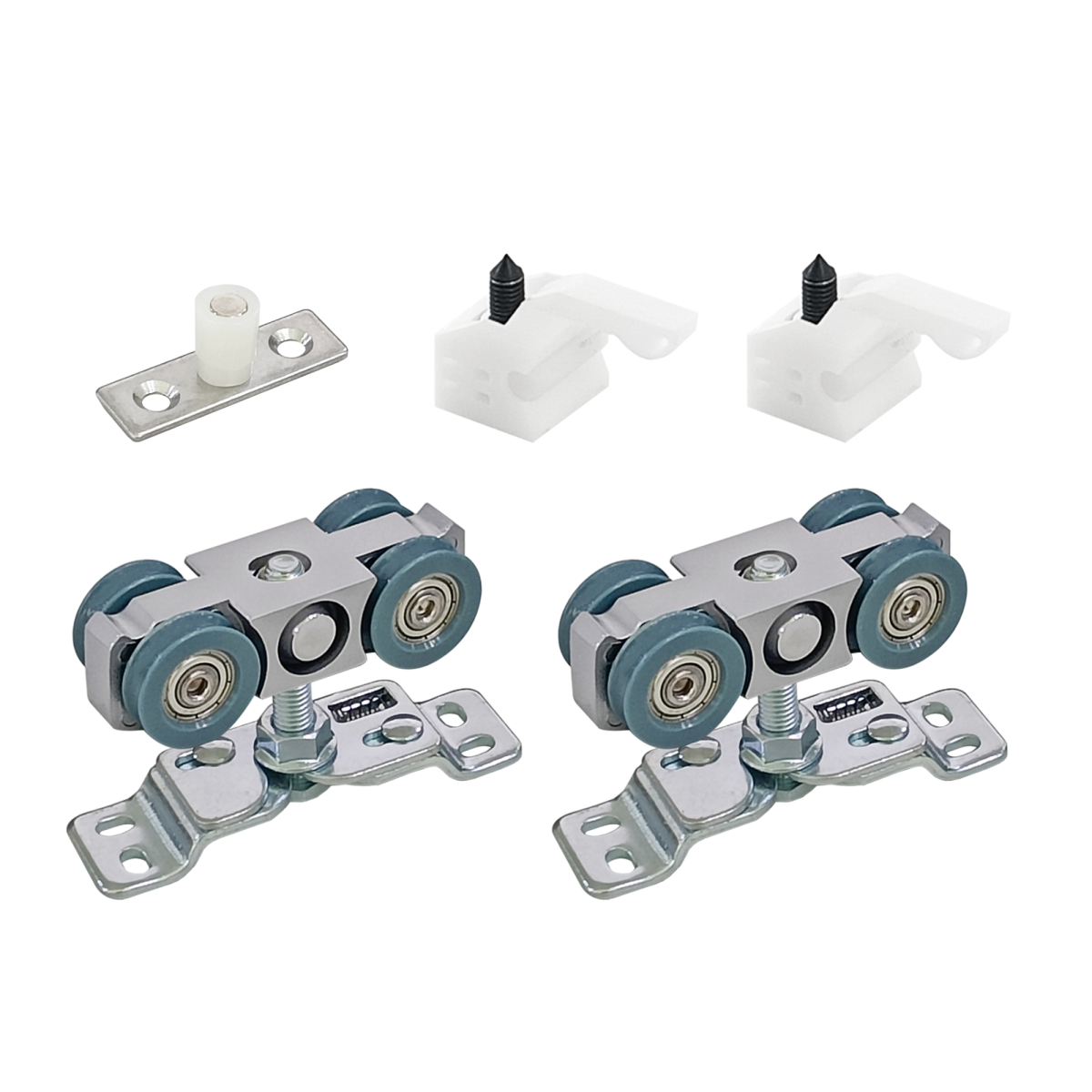 Sistema de ruedas Modelo 6000 para puerta corredera de madera de hasta 80 kg, con carros de rodamiento de nylon, retenedores y guiador de suelo con rodillo.