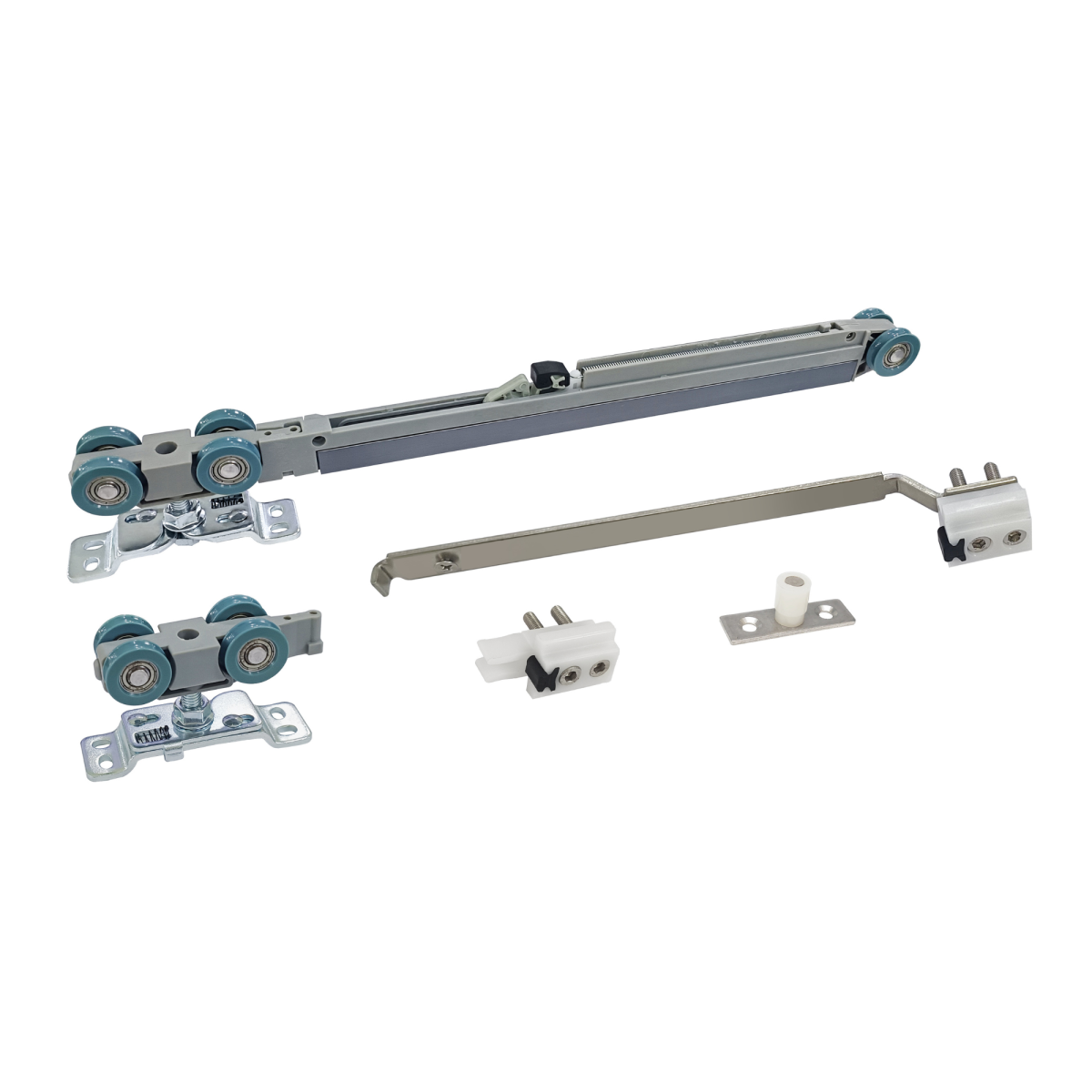 Conjunto de ruedas Mod.7000F reforzadas con rodamientos de alta precisión y sistema Soft Closing para puertas correderas de hasta 120 kg