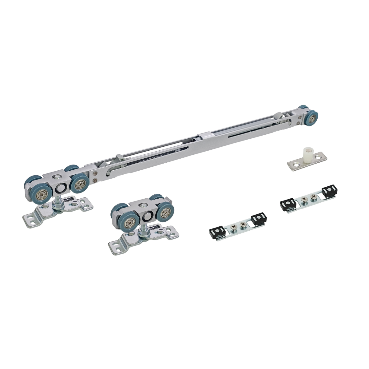 Kit de ruedas para puerta corredera de madera Modelo 6000FB con sistema de amortiguación en ambas direcciones, doble freno asistido, ruedas de nylon técnico y capacidad de carga de 80 kg