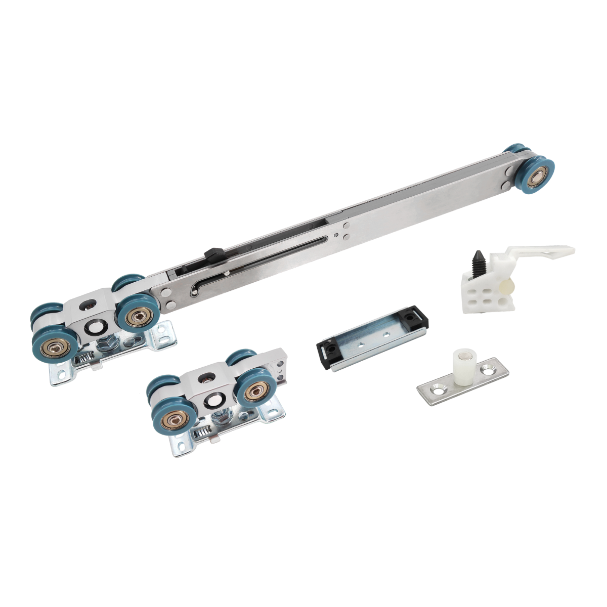 conjunto de ruedas para puerta corredera Modelo 6000F con sistema Soft Closing, carros con ruedas de nylon y rodamientos de precisión para puertas de madera de hasta 80 kg