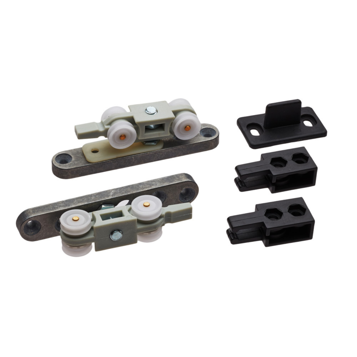 Kit de ruedas de embutir Modelo 5501 para puertas correderas de 80 kg: incluye carros de nylon reforzados, soportes de acero zincado para encastrar y accesorios de poliamida