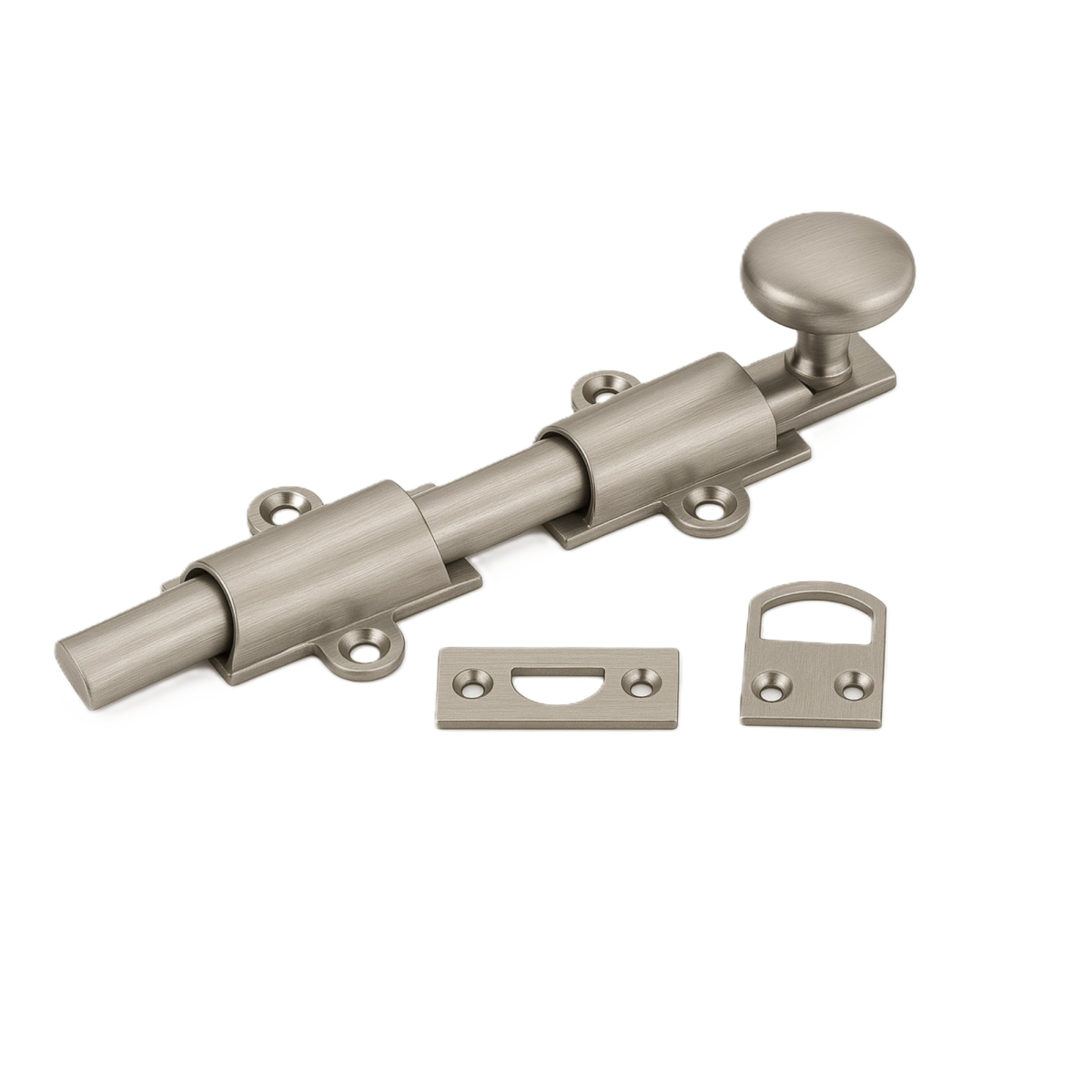 Pasador de sobreponer modelo 801 fabricado en latón con acabado níquel y accesorios de fijación